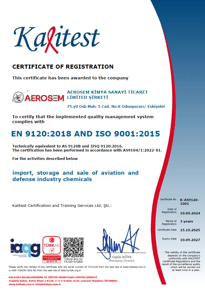 Aerosem Kimya - Certificate: EN 9120:2018