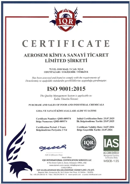 Aerosem Kimya - Certificate: ISO 9001:2015